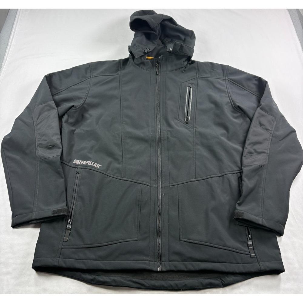 Caterpillar Jacket Mens 2XL Black Softshell Full Zip Workwear Coat Hooded CAT